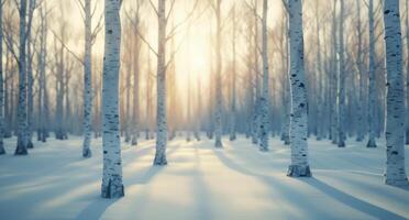 Winter Sunrise in Birch Forest With Snow-Covered Ground photo