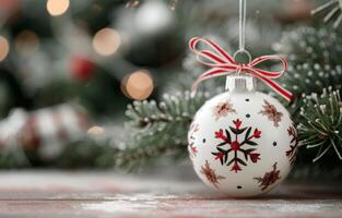 Delicate White Christmas Ornament Hanging From Evergreen Branch With Snowy Background photo
