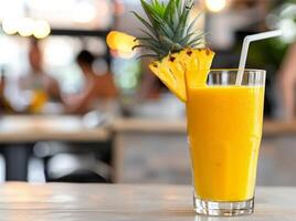 Refreshing Pineapple Smoothie on a Sunny Day at a Relaxing Outdoor Cafe photo