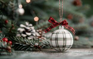 Delicate White Christmas Ornament Hanging From Evergreen Branch With Snowy Background photo