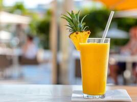 Refreshing Pineapple Smoothie on a Sunny Day at a Relaxing Outdoor Cafe photo