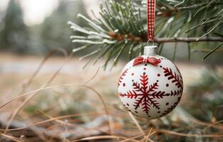 Delicate White Christmas Ornament Hanging From Evergreen Branch With Snowy Background photo