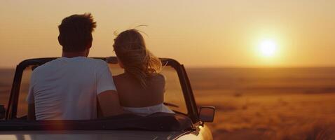 Romantic Sunset View From Convertible Car on a Countryside Road photo
