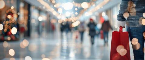 Festive Shopper Strolling Through Mall With Red Bag During Holiday Season photo