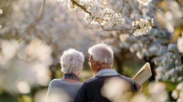 Senior Couple Enjoying Spring Blossoms While Reading Together in a Park photo