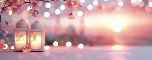 Soft Cherry Blossom Evening With Lanterns and Twinkling Lights at Sunset photo