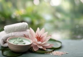 Natural Spa Treatment With Green Clay Mask and Lotus Flower Near Tranquil Water photo