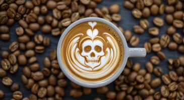 Decorative Skull Coffee Mug With Beans on a Cafe Counter photo