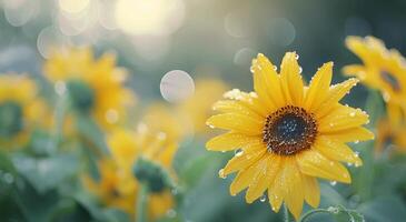 Sunflowers in Dewy Morning Light at a Garden photo