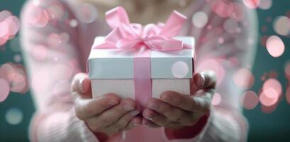 Gift Wrapped With Pink Ribbon Held by Person in Soft Lighting photo