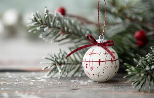 Delicate White Christmas Ornament Hanging From Evergreen Branch With Snowy Background photo