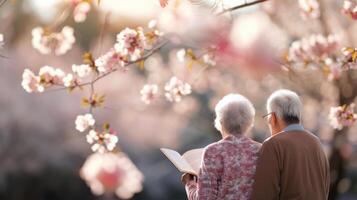 Senior Couple Enjoying Spring Blossoms While Reading Together in a Park photo