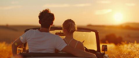 Romantic Sunset View From Convertible Car on a Countryside Road photo