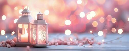 Soft Cherry Blossom Evening With Lanterns and Twinkling Lights at Sunset photo