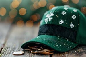 Green Leprechaun Hat Surrounded by Gold Coins and Shamrocks in Forest Settings photo