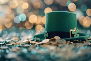 Green Leprechaun Hat Surrounded by Gold Coins and Shamrocks in Forest Settings photo