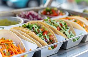 Delicious Tacos Served With Fresh Toppings at a Food Festival photo