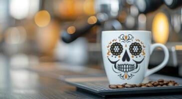 Decorative Skull Coffee Mug With Beans on a Cafe Counter photo