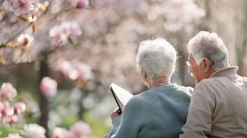 Senior Couple Enjoying Spring Blossoms While Reading Together in a Park photo