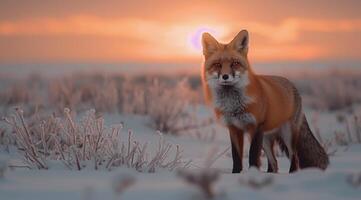 Red Fox Sitting in Snow at Sunrise in Winter Landscape photo
