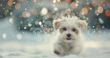 Playful Puppy Running Through Snow With Sparkling Lights in Winter Wonderland photo