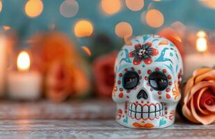 Colorful Sugar Skull With Flowers and Candle on a Decorative Fabric Background photo
