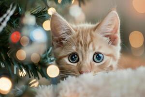 Orange Kitten Playfully Hiding Under Christmas Tree With Sparkling Lights photo