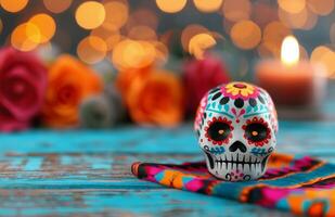 Colorful Sugar Skull With Flowers and Candle on a Decorative Fabric Background photo