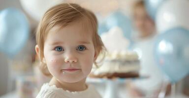 Delighted Toddler at a Birthday Celebration Surrounded by Balloons and Cake photo