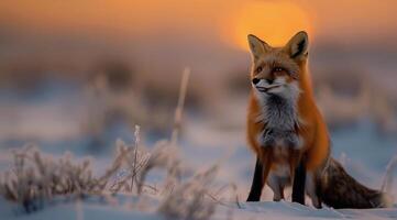 Red Fox Sitting in Snow at Sunrise in Winter Landscape photo
