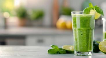 Refreshing Green Smoothie With Lime and Basil on Kitchen Counter photo