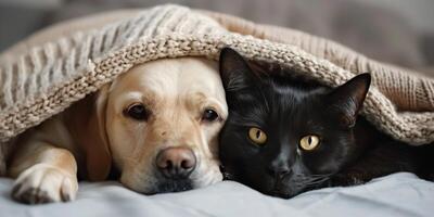 Cozy Black Dog and Gray Cat Snuggling Under a Soft Blanket at Home photo