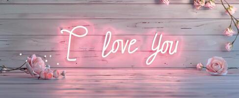 Neon Love You Sign With Pink Flowers Against Rustic Background photo