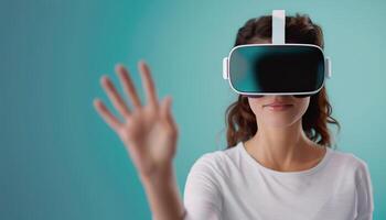 Young Woman Engaged in Virtual Reality Experience With Headset photo