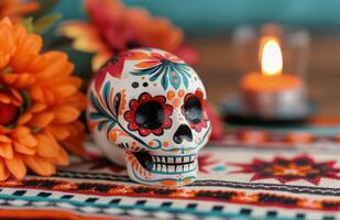 Colorful Sugar Skull With Flowers and Candle on a Decorative Fabric Background photo