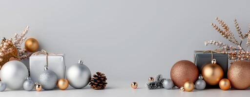 fiesta decoración con plata y oro adornos, regalos, y piñas en un ligero antecedentes foto