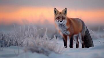 Red Fox Sitting in Snow at Sunrise in Winter Landscape photo