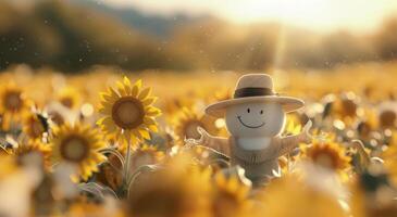 Smiling Doll in a Sunflower Field on a Bright Sunny Day photo