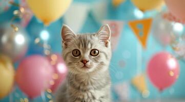 Adorable Gray Kitten Surrounded by Colorful Balloons at a Celebration photo