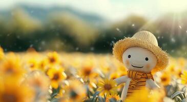 Smiling Doll in a Sunflower Field on a Bright Sunny Day photo