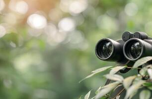 Binoculars Resting Among Green Leaves in a Lush Forest photo
