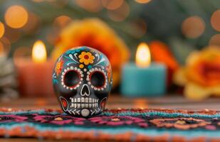 Colorful Sugar Skull With Flowers and Candle on a Decorative Fabric Background photo