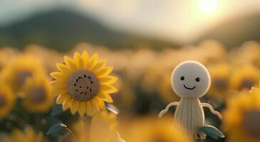 Smiling Doll in a Sunflower Field on a Bright Sunny Day photo