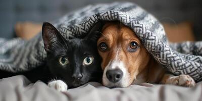 Cozy Black Dog and Gray Cat Snuggling Under a Soft Blanket at Home photo