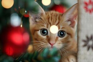 Orange Kitten Playfully Hiding Under Christmas Tree With Sparkling Lights photo