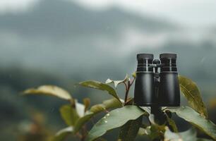 Binoculars Resting Among Green Leaves in a Lush Forest photo