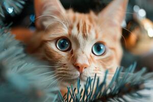 Orange Kitten Playfully Hiding Under Christmas Tree With Sparkling Lights photo