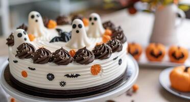 Halloween Themed Cake With Ghosts and Pumpkins on a Festive Table photo