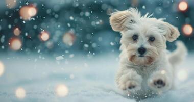 Playful Puppy Running Through Snow With Sparkling Lights in Winter Wonderland photo