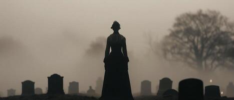 Mysterious Figure in Foggy Graveyard at Dusk photo